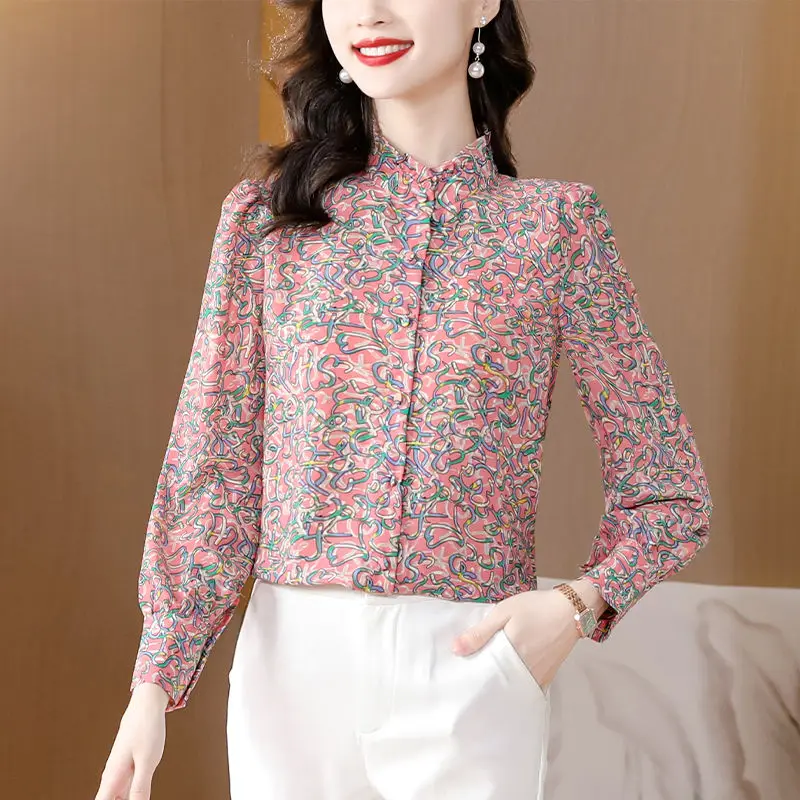 Fashion Elegant Printing Single-breasted Blouse Women New Classic Long Sleeve Office Stand Collar Korean All-match Shirt