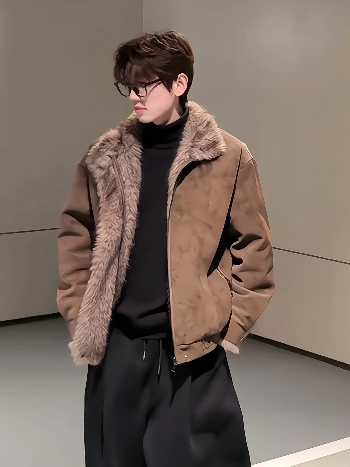 

Brown Full Fur Lined ort Jaet Men's Winter Faion Cotton Coat with Fur Collar No Hoodie Casual Wear Polyester Fiber