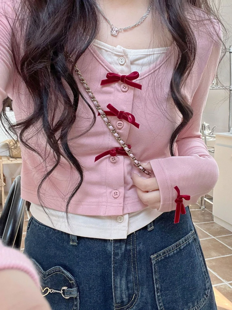 Spring Sweet Kawaii Fake Two Tops Women Slim Pink Korean Style Designer Blouse Female Long Sleeve Causal Shirts 2023 Summer New