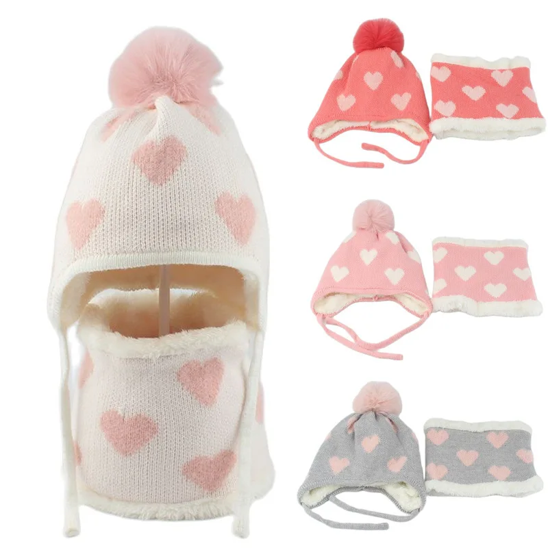 Children's Autumn and Winter New Ear Protection Fleece Hat Heart Jacquard Pom-Pom Scarf Set Boys and Girls Warm Knitted Hats