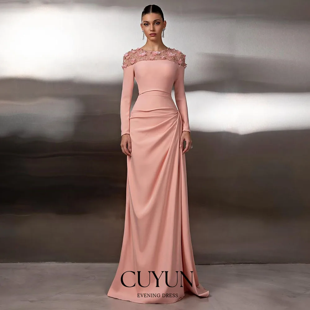 CUYUN O-Ausschnitt, lange Ärmel, formelles Abendkleid, 3D-Blumenspitze, elegante Partykleider, maßgeschneidertes bodenlanges Kleid für besondere Anlässe