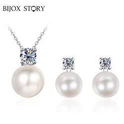 BIJOX STORY Classic 0.9 Carat D Color Moissanite Pearl Pendant Necklace Earrings Jewelry Set for Female Couple Anniversary Gifts