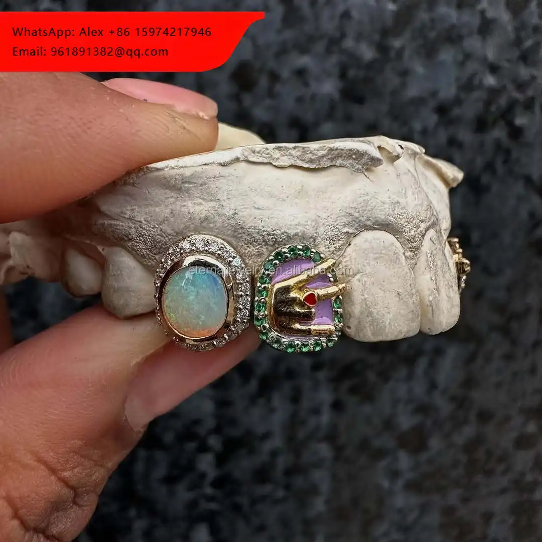 

Single Tooth Opal Grillz In Unique Logo Design S925 Silver 10K 14K 18K Solid Gold Teeth Opal Moissanite Diamond Grillz For Women