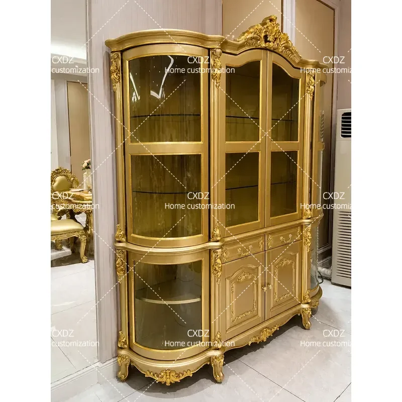 Solid Wood Carved Flower Wine Cabinet Champagne Gold Four Door Curved Locker High End Villa Furniture Decorative Storage for