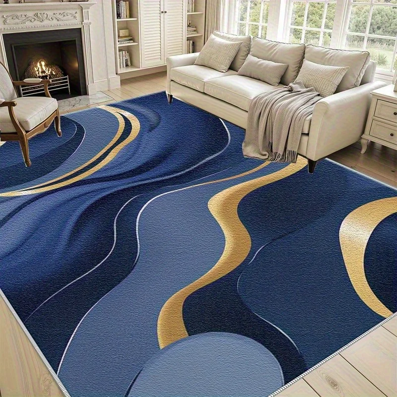 Luxury Navy Blue Gold Area Rug Abstract Fluid Line Living Room Bedroom Home Office Decor