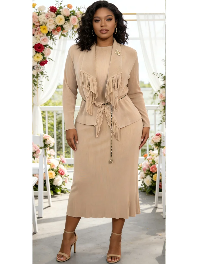 ANLAN Women's High-end Pleated Two Piece Sets Tassel Lapel Jacket with Inner Layer Dress Niche Design New 2026 Clothing 3AN6091