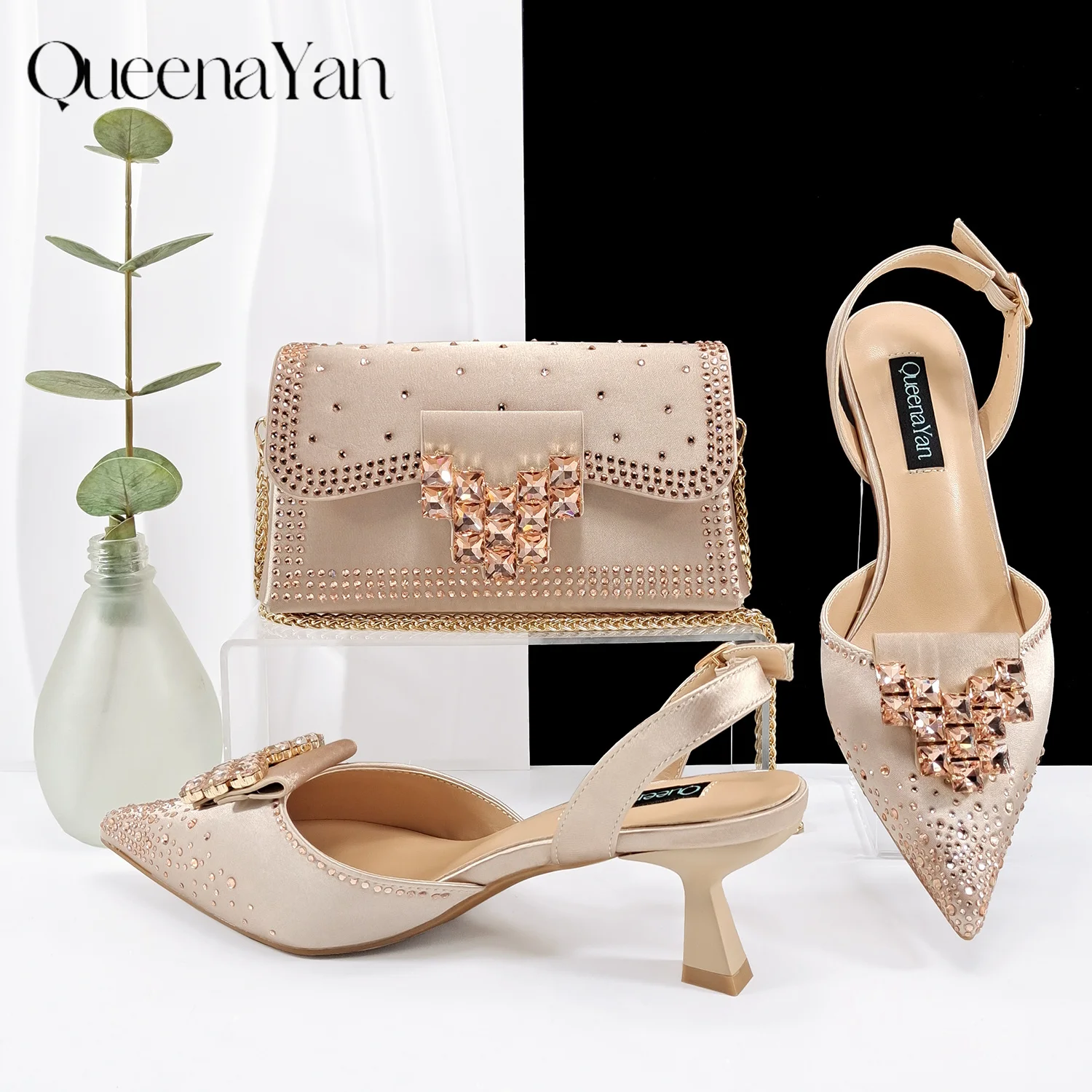 

Queen Yan New Embroider and Rhinestone Design Elegant Mature Style Champagne Party Wedding Pointed Toe High Heel and Bag Set