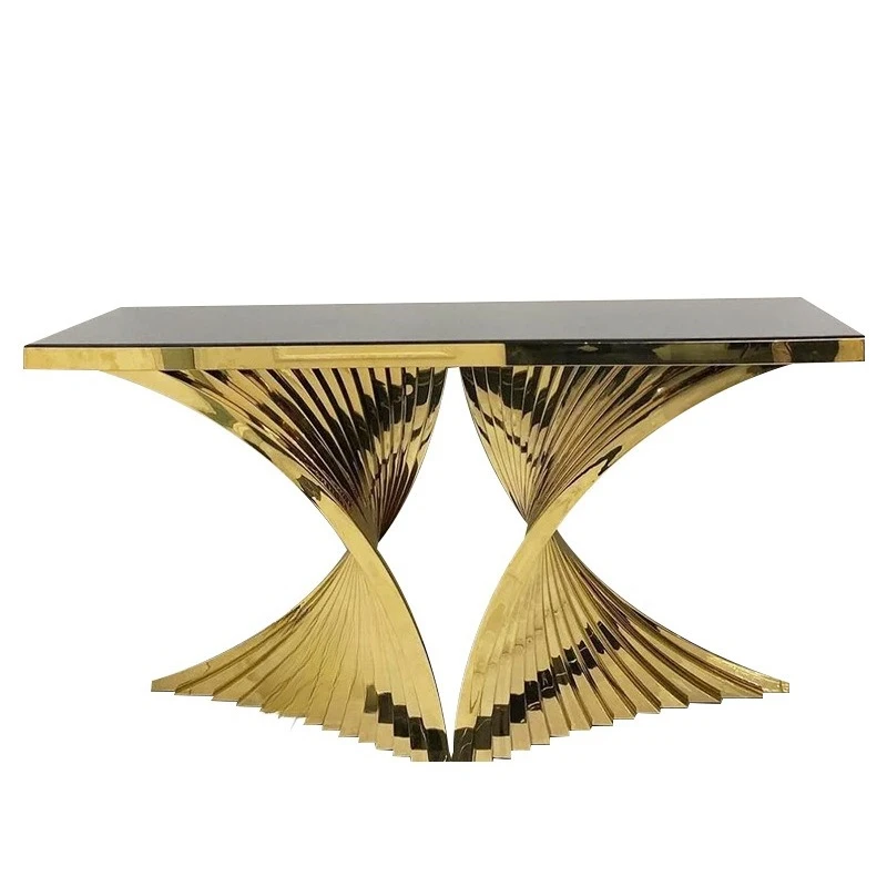 Stainless steel titanium marble entrance table against the wall Tempered glass entrance table