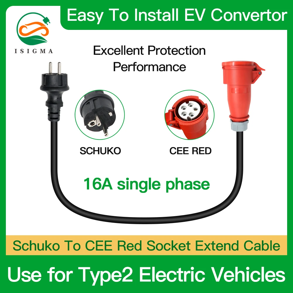 EV Charger Type 2 16A 3phase 11kw Adaptor CEE Red to Schuko With Cable For Electric Car Charging EVSE