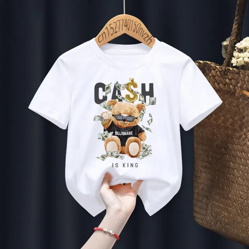 Funny Skateboard Bear Print Boys/Girls White T-shirt Kid Summer Harajuku Kawaii Funny Clothes Little Baby Y2K Clothes,Drop Ship