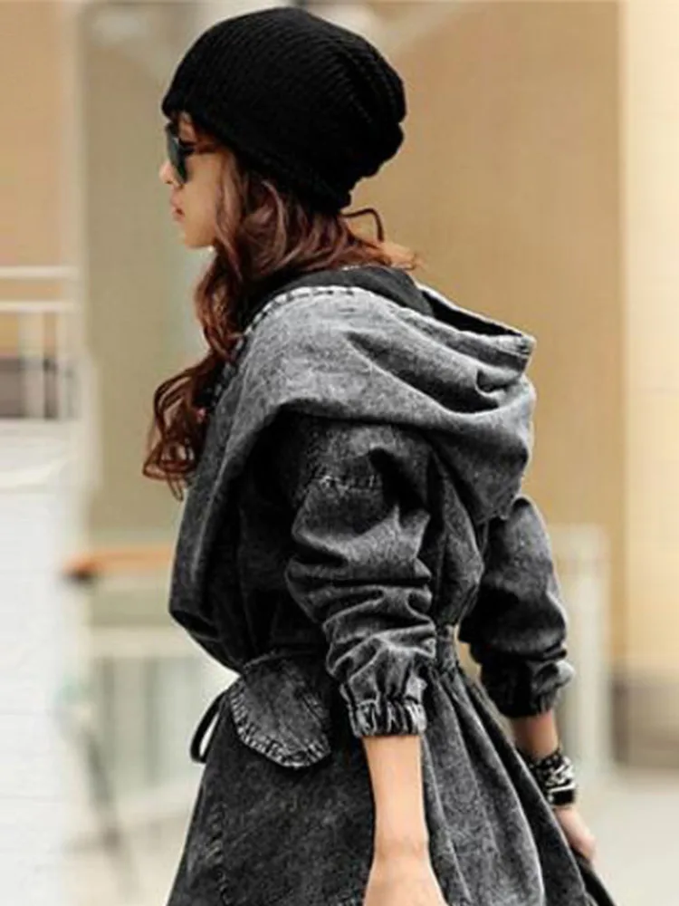 New Girl\'s Denim Jackets Oversized Hoodie Hooded Outerwear Jean Wind Jacket Fashion Design Denim Women Coat