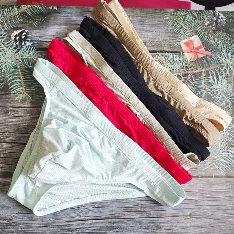 2025 Men's New Ice Silk Sexy Breathable Underwear Comfortable Mesh Low Waist Quick drying Silk Smooth Triangle Sports thong