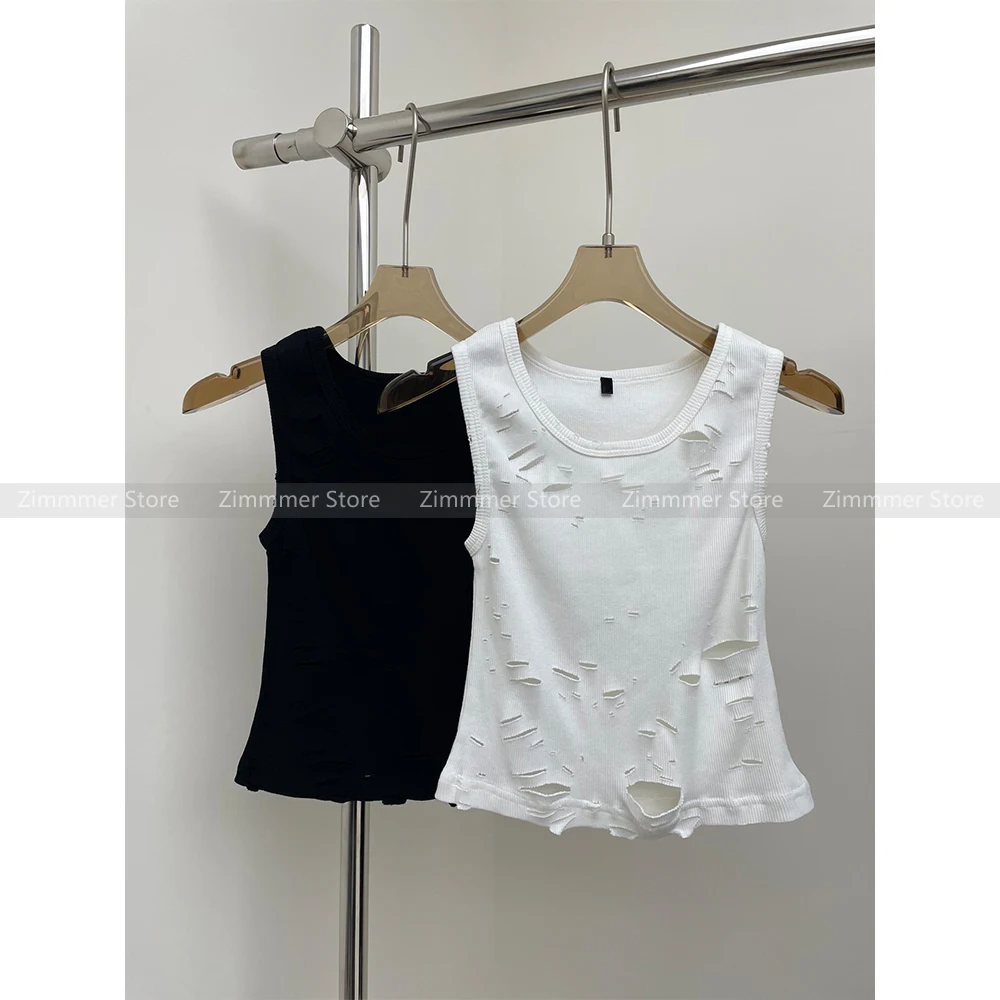 

Broken white knitted undershirt women 2024 summer new fashionable Slim short tops