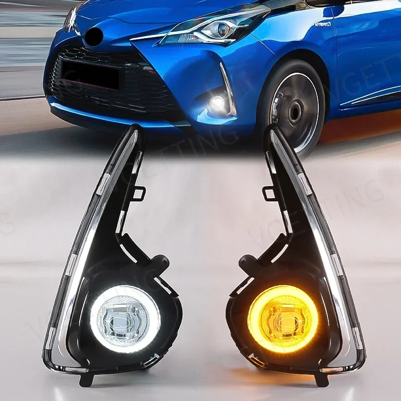 

For Toyota Yaris Vitz 2018 2019 2020 DRL Daytime Running Light LED Fog Lamp Angel Eyes Turn Signal Yellow White Chrome Trim 12V