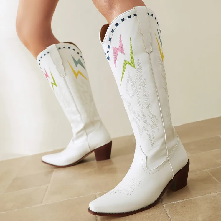 

Slip-On Embroidered Color-Blocked Chunky Heel Boots Large Sizes Pointed-Toe Knee-High Botines Soft Leather Biker Botas