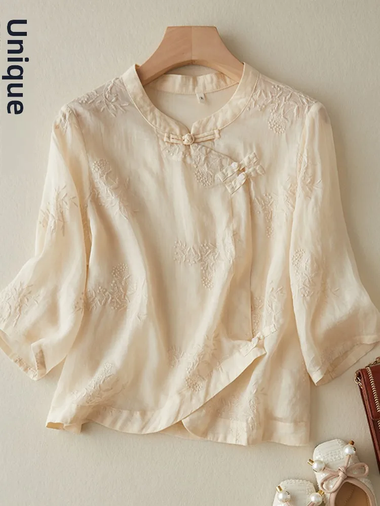 Retro pesado bordado lino ort Sve irt mujer nueva tendencia nacional china Sle botón de solapa oblicua algodón lino té...