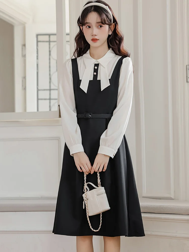 Women Fashion Patchowrk Fake Two Piece Midi Dress Spring Autumn Elegant Bandage Dress 2024 Korean Chic Bow Polo Collar Vestidos