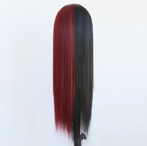 Smooth Silky Straight Hair Half Wine Red Half Black Lace Front Wigs for Black Women Synthetic Hair Replacement Wig