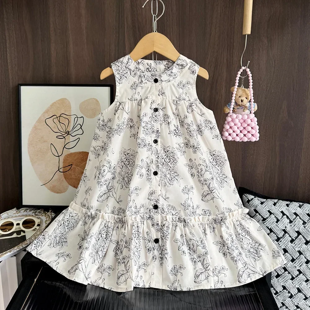 

Summer New Fashion Casual Girls Sleeveless O-Neck Single Breasted Princess Dress 1 Pc Kids Chinese Style Clothes 4-7 Years