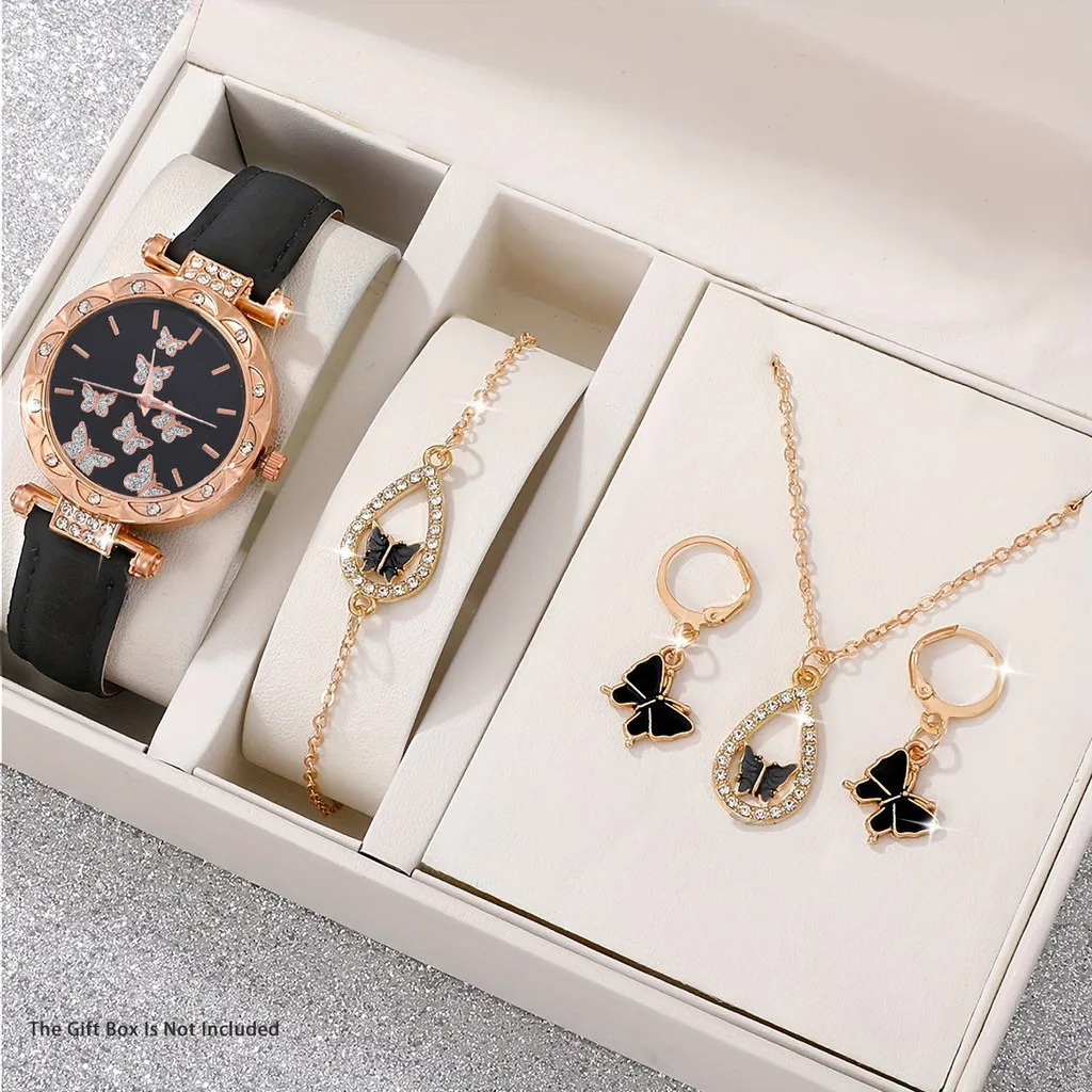 นาฬิกาพลอยเทียมผู้หญิง5ชิ้น/เซ็ตนาฬิกาควอตซ์หนัง PU จำลองชุดเครื่องประดับรูปผีเสื้อประดับพลอยเทียมแวววาวชุดของขวัญ