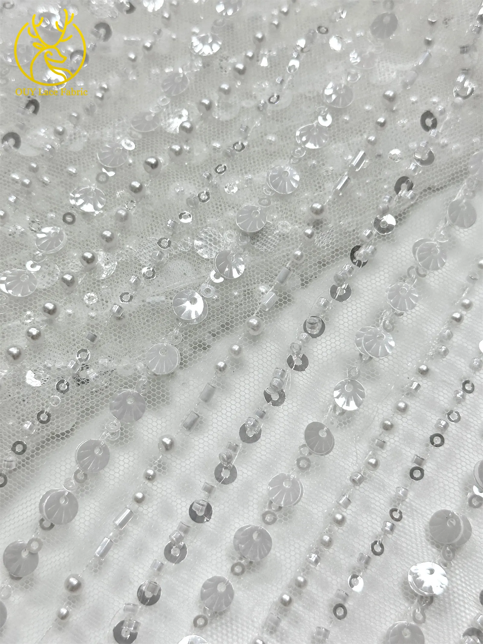 Luxuriöser afrikanischer Perlen-Mesh-Spitzenstoff 2026, französischer nigerianischer Pailletten-Tüll-Spitzenstoff für Damen, Brautkleid, Hochzeitskleid, zum Nähen – Detail 12