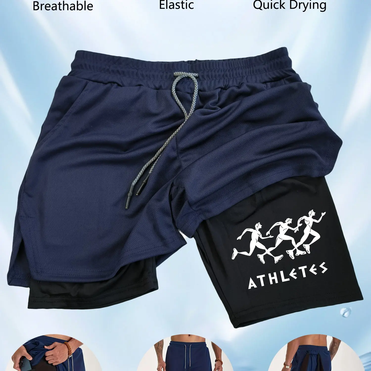 

Men's quick-drying two-in-one sports shorts "ATHLETES" runner print double-layer fitness shorts with side pockets