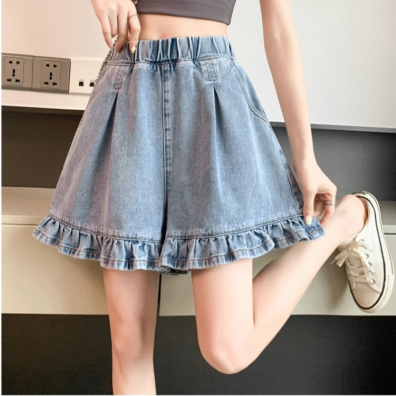 

Large Size Ruffle Edge Women Denim Shorts Summer New Sweet Elastic High Waist Short Pants Y2k Chic Streetwear 6xl