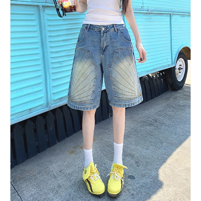 High Waist Blue Retro Washed Denim Shorts Women Summer Fashion Casual Loose Y2K Wide Leg Shorts Pants