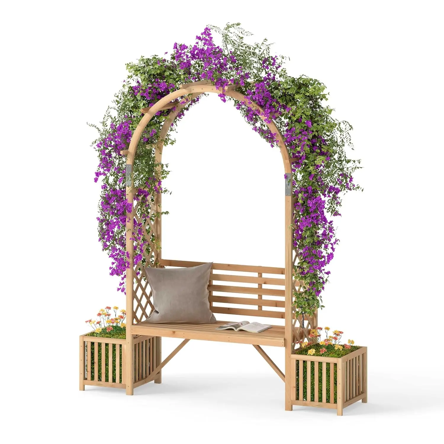 

Garden Arbor with Bench & 2 Planter, Wooden Garden Arch for Climbing Plants w/Love Seat, 2 Trellises & Planting Box to Grow Grap