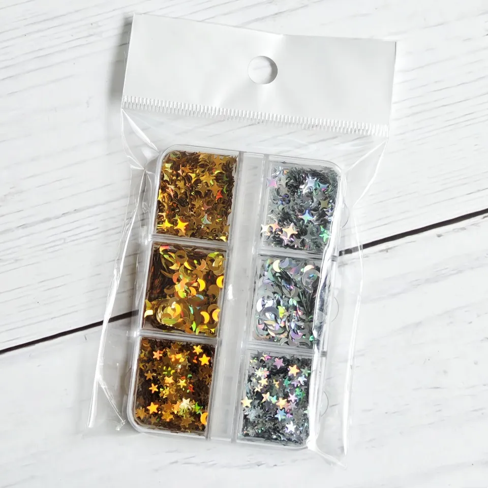 6그리드 글리밍 나이트스카이 네일 오너먼트 플레이크 크롬 홀로 실버 골드 스타 스팽글 세트 UV 젤 네일팁 메이크업 드롭 글리터 404
