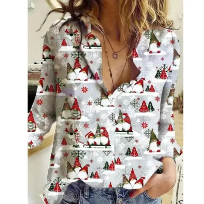 2024 Women\'s New 3d Christmas Printed Long Sleeve Shirts Elegant Lapel Long Sleeve Top Winter Spring Single-Breasted Basic Shirt