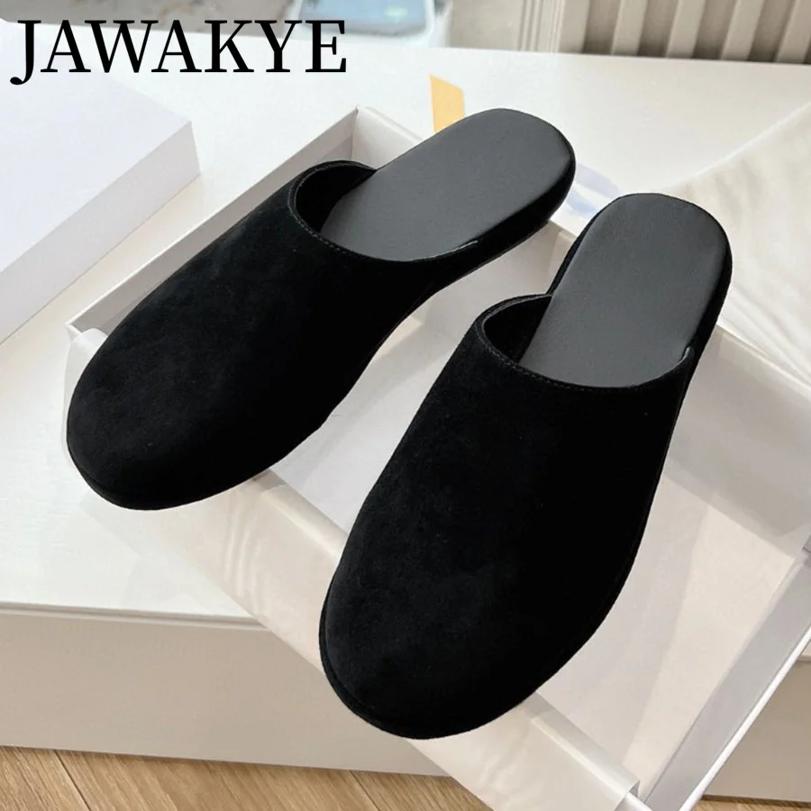 2024 Luxury Brand Slippers Cow Suede Half Slippers Ladies Mules Woman\'s Flat Mules Causal Round toe Slippers for Women Home