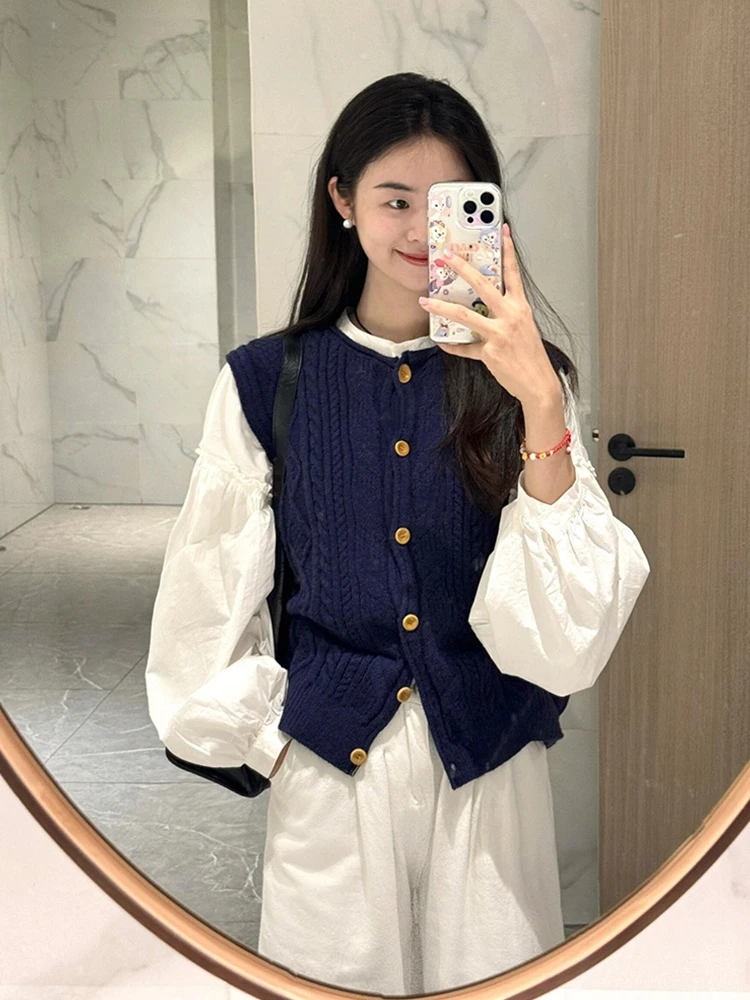 

Retro Japanese Sle Twist Knit Sweater Cardigan k Blue Women's Autumn Winter Layering Svel Vest Outerwear