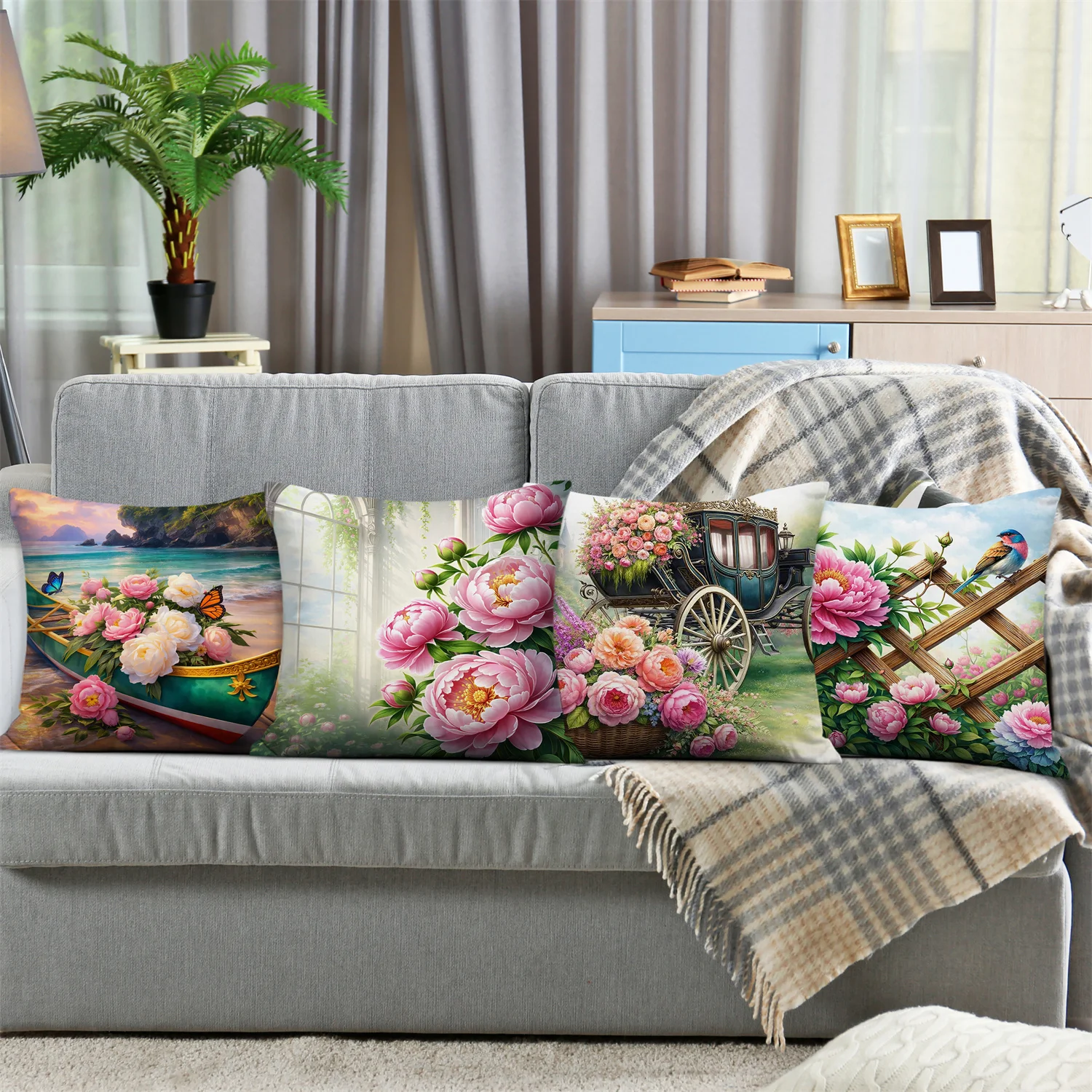 Floral boat, peony blue bird carriage printing pillow cover Short plush Suitable living rooms bedrooms sofas throw cushion cover