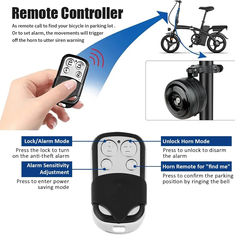 USB Rechargeable Bike Bell Alarm Horn Waterproof Anti-Theft Vibration Siren with Remote for Bikes