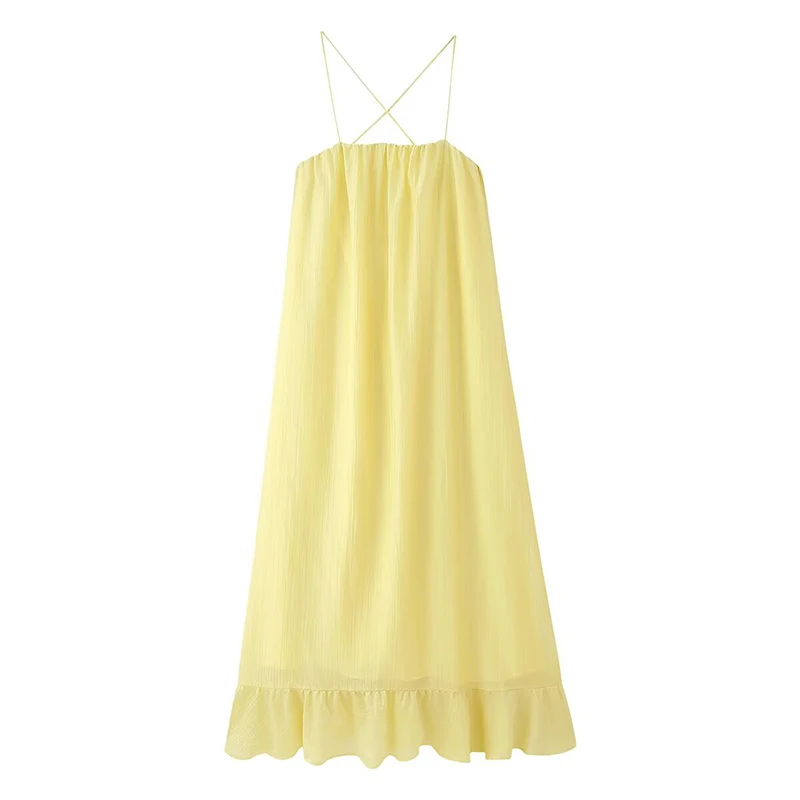 

YENKYE Sexy Backless Bandage Spaghetti Straps Yellow Dress Women Casual A-line Midi Beach Holiday Summer Dresses Female Vestidos