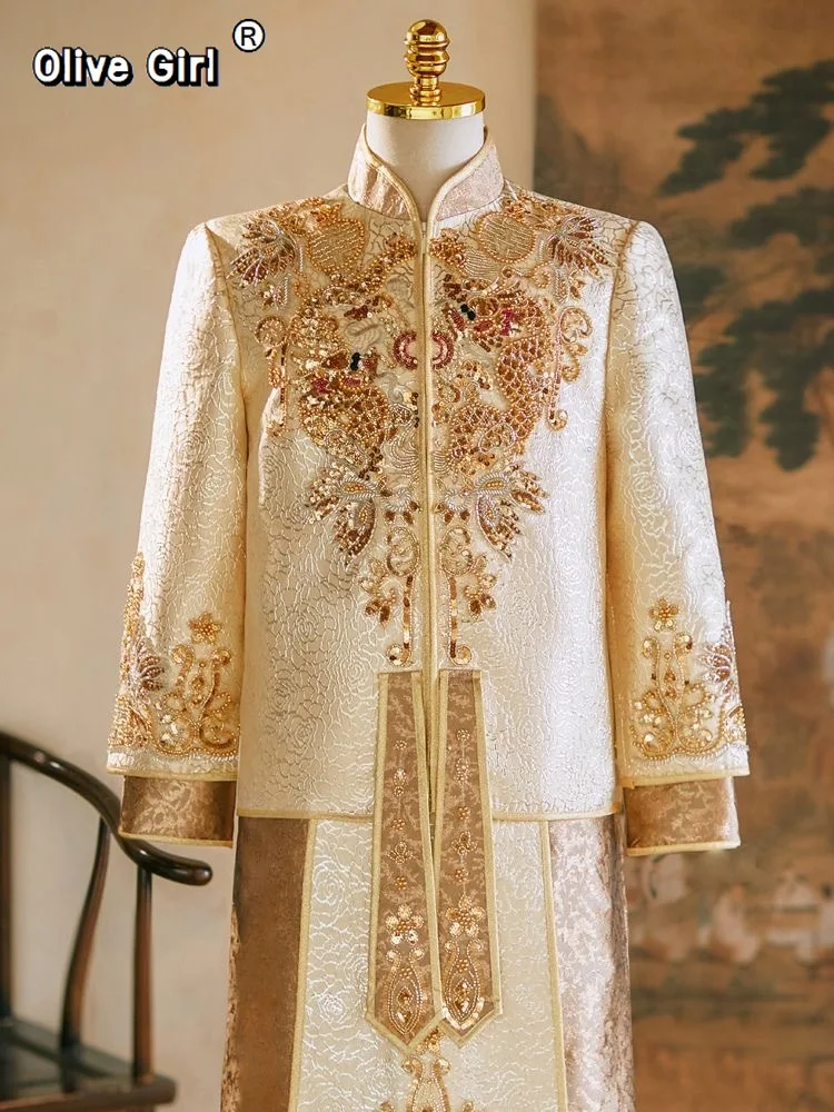 Olivegirl Gold Men's Groom Clothes Coat Skirt Set 2026 Champagne Bead Embroidery Sequins Wedding Performance Banquet Costume Set