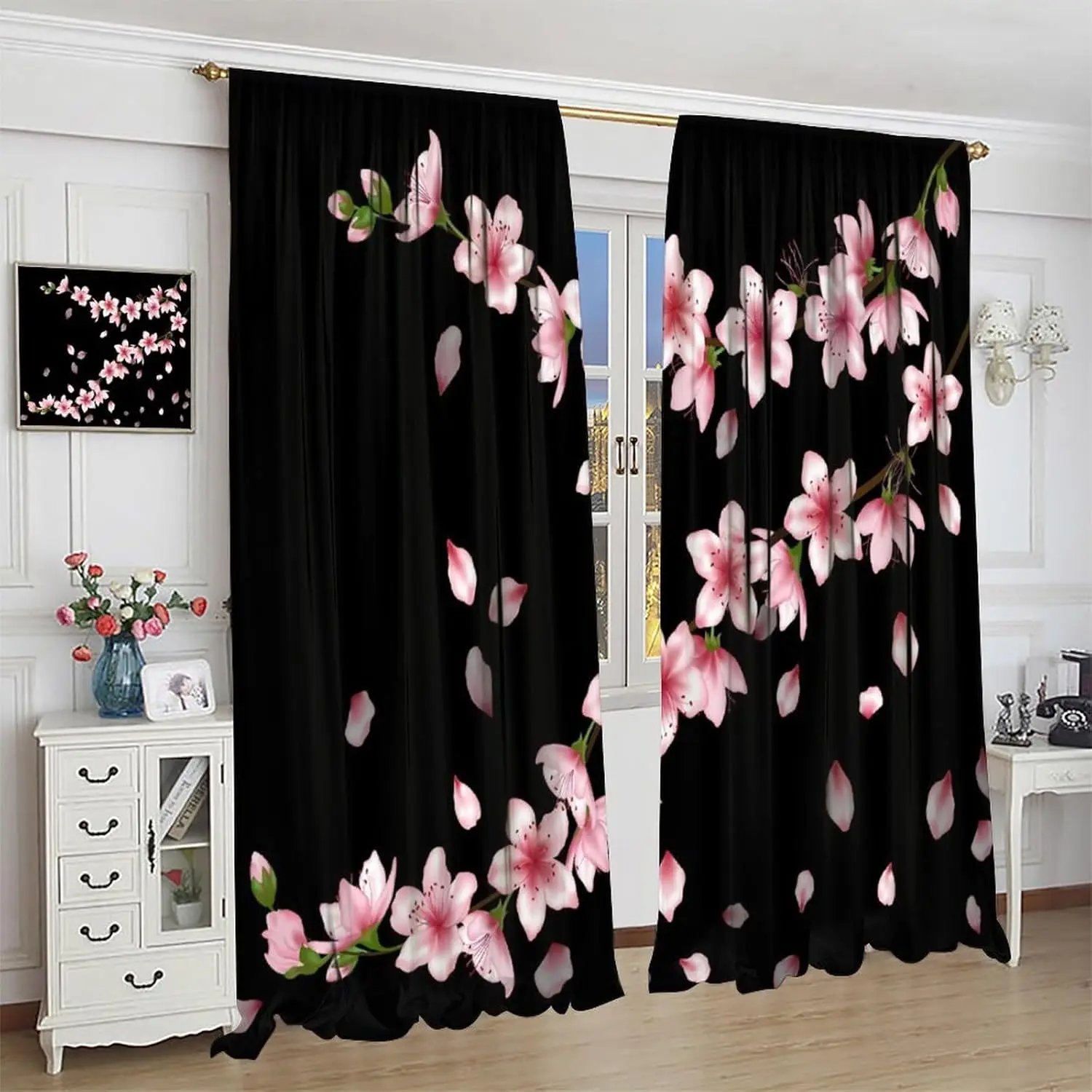 Floral Curtains Spring Romantic Pink Cherry Blossom Black Art Print for Girls Women Bedroom Living Room Kitchen Decor Rod Pocket