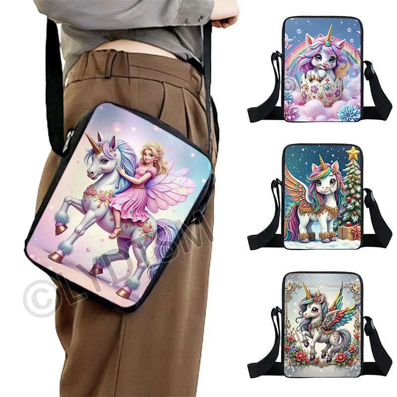 

Cartoon Fantasy Unicorn Crossbody Bag Unicorn and Flowers Santa Fairy Elf Women Handbag Shoulder Bag Phone Holder Messenger Bag