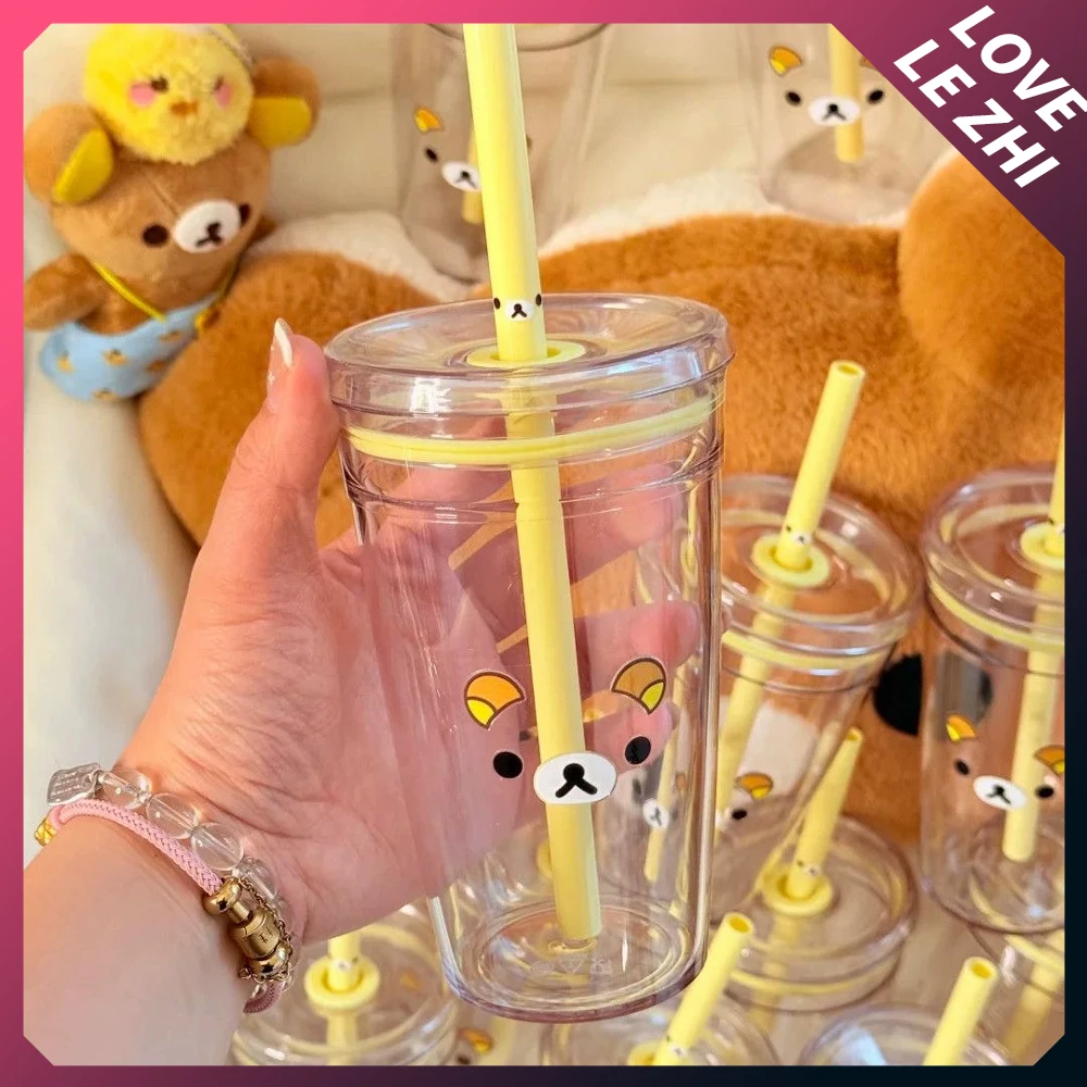 

Kawaii Cartoon Japanese Rilakkuma Large Capacity Plastic Yellow Straw Transparent Water Cup Student Portable Cup Birthday Gift