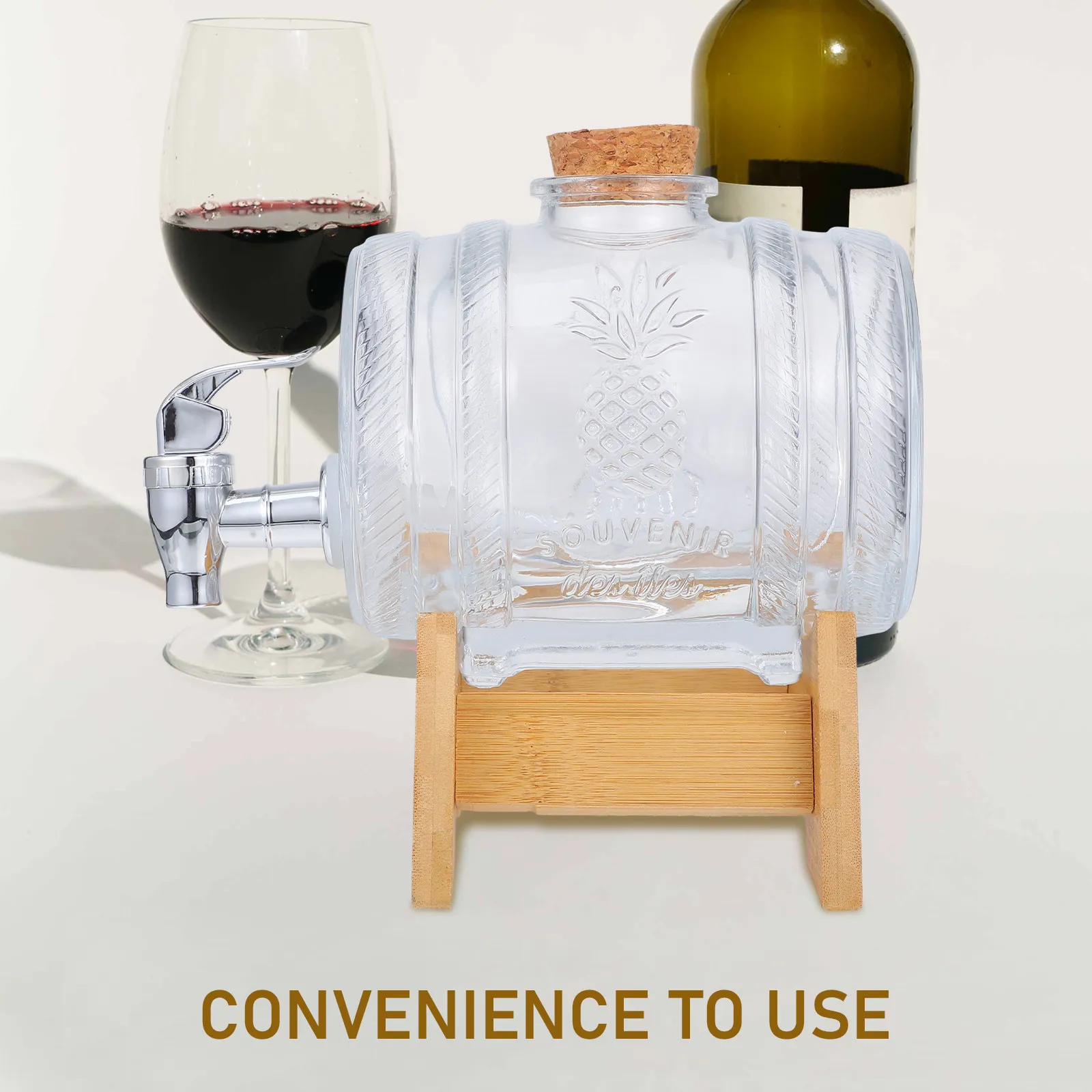 1Set Glass Wine Barrel Dispenser Vintage Drink Barrel with Bamboo Stand Faucet for Whisky Brandy Vodka Rum Party Wedding