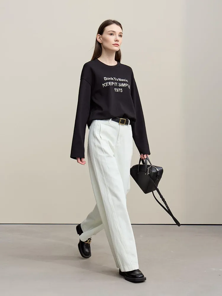 Amii calças jeans 2026 primavera nova cor sólida feminina confortável algodão jeans casual versátil solto calças de perna larga 12621095