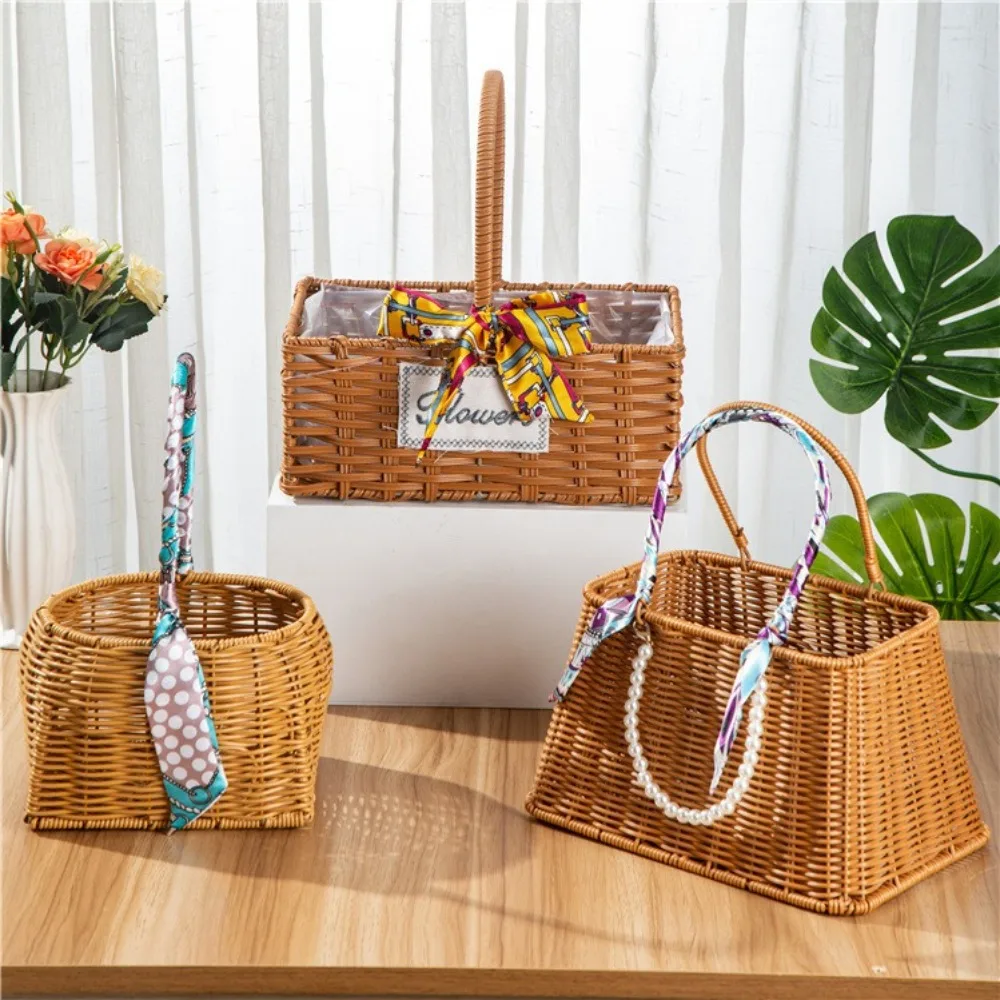 

Handmade Imitation Rattan Fruit Basket Durable Long Handle Imitation Rattan Storage Basket Multifunction Large Capacity