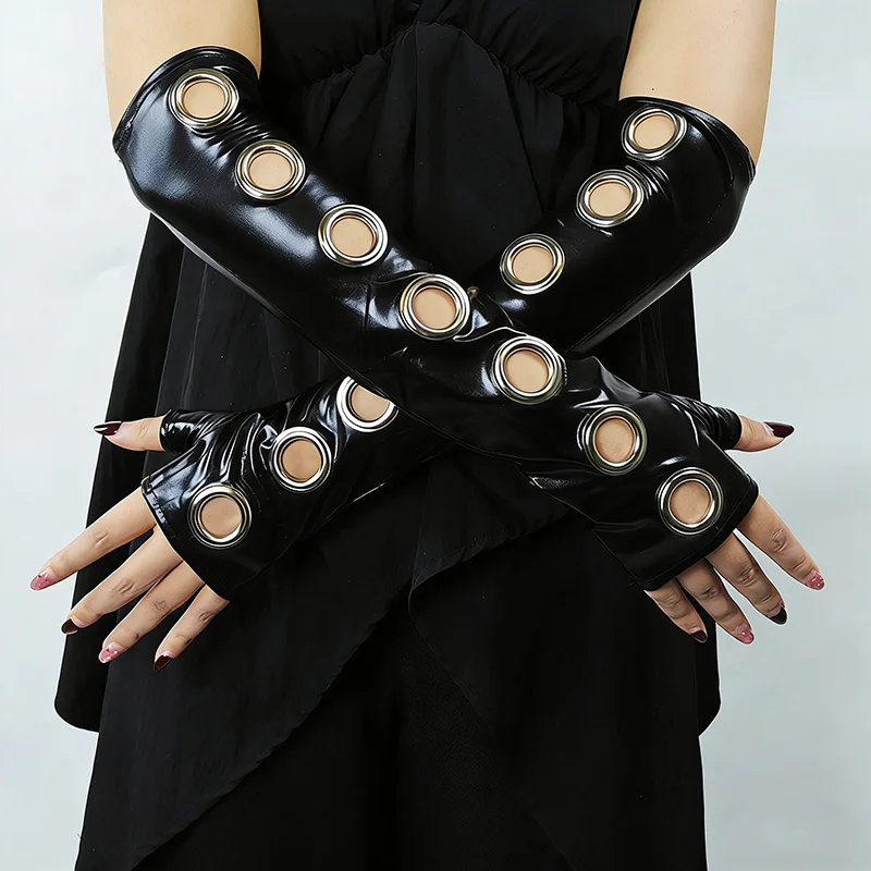Women's Punk Style Long Fingerless Gloves Hollow Shiny Black PU Leather with Metal Ring Cutouts Gothic Performance Costume Arm