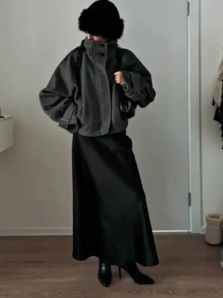 

Stand Collar Women's Coat Full Sleeve Single Breasted Pockets Loose Solid Female Jacket 2025 Autumn Fashion Commute Lady Outwear