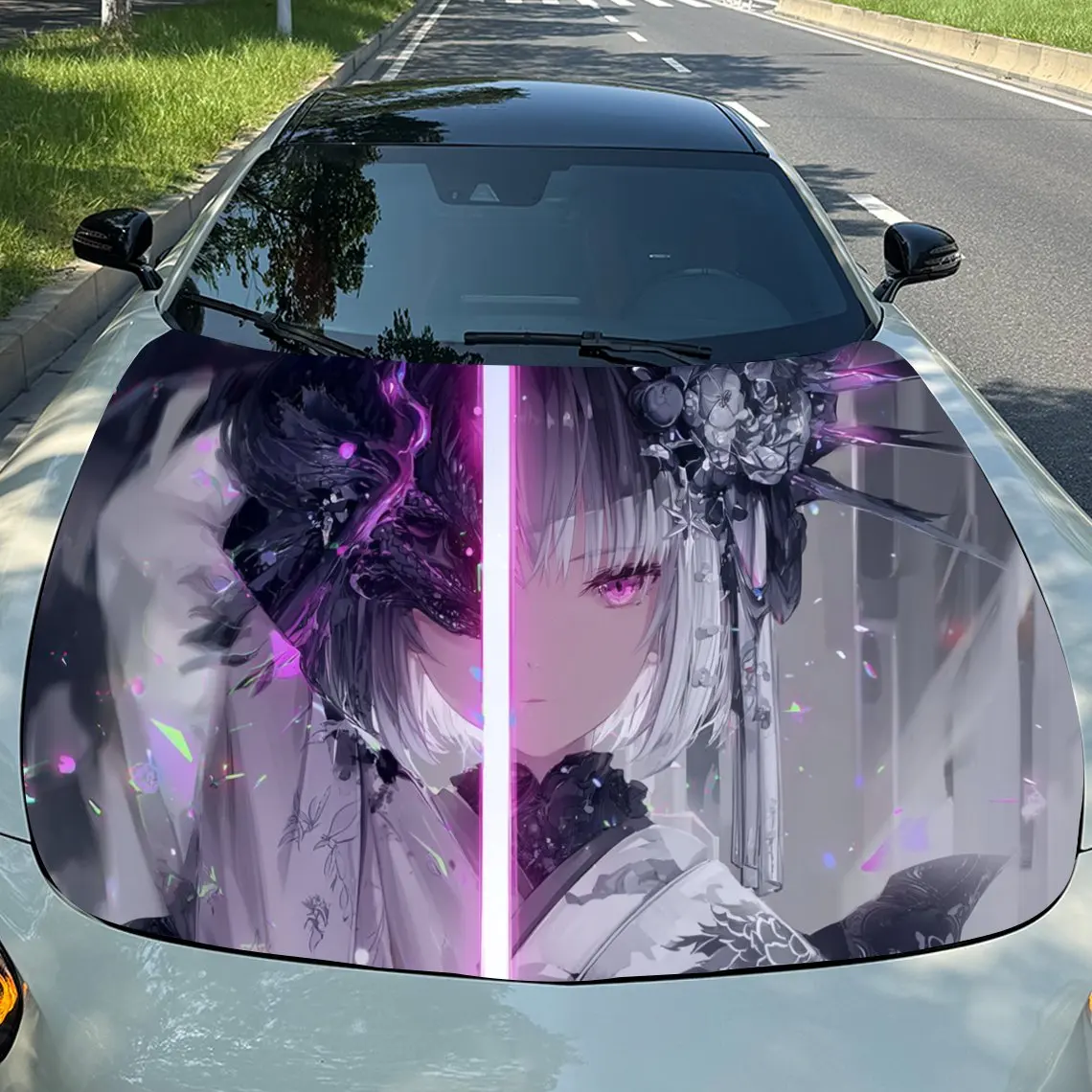 

Pink Light Divided Miko Car Vinyl Wrap, PVC Material Waterproof Car Hood Sticker, Self-Adhesive Scratch-Resistant Stickers for E