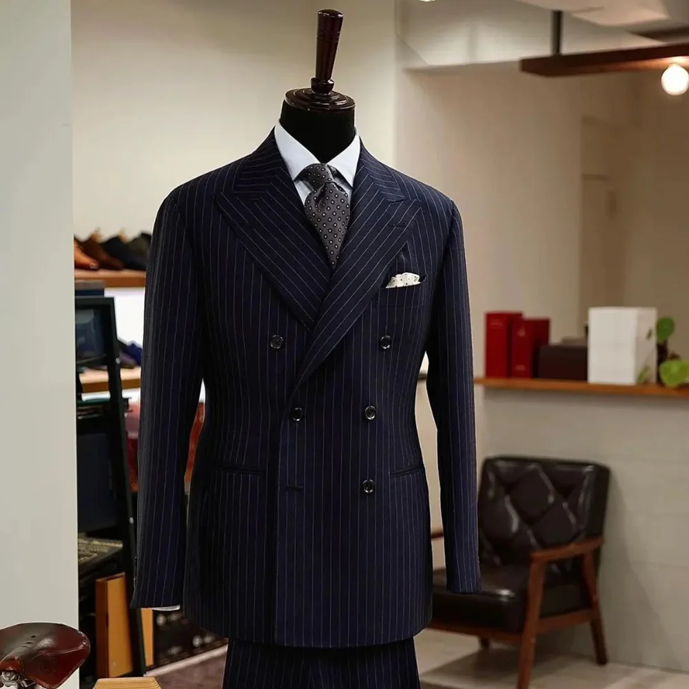 Navy Blue Pinstripe Men Suits 2 Piece Chic Double Breasted Peak Lapel Outfits Business Casual Costume Homme (Jacket+Pants)