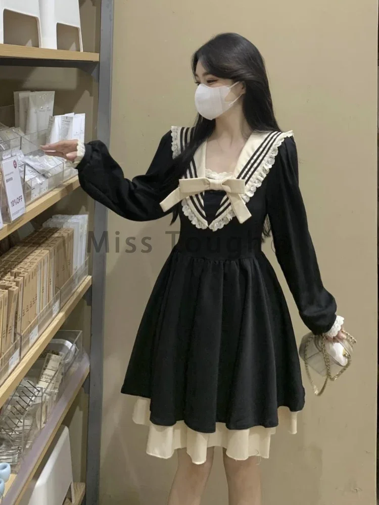 Japanese Kawaii One Piece Dress Women College Style Casual Lolita Dress Female Harajuku Long Sleeve Short Sweet Dress 2023 New