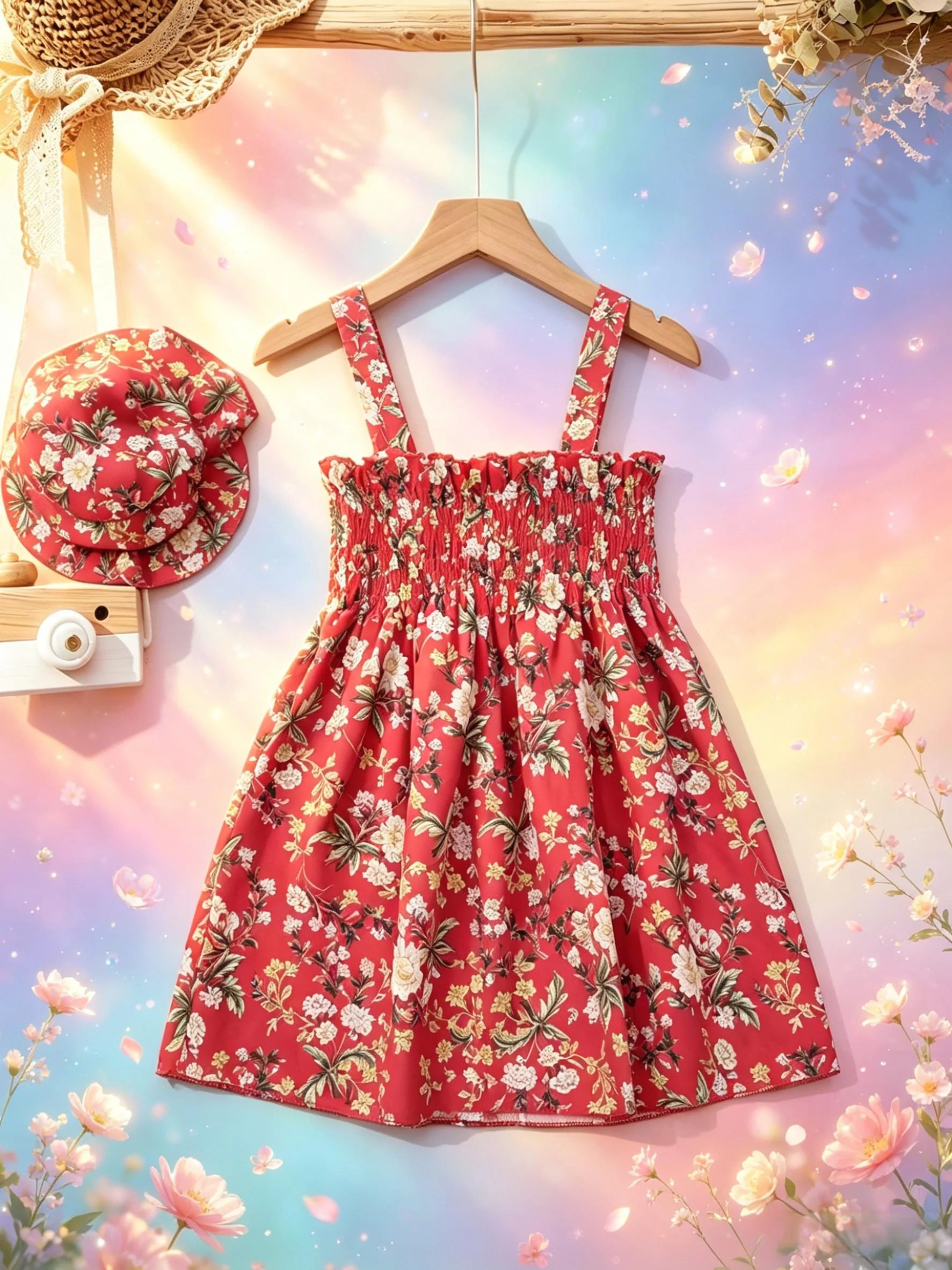 Cottagecore Floral Smocked Girls Cami Dress Set, Matching Printed Bucket Hat Toddler 2Pcs Summer Outfit