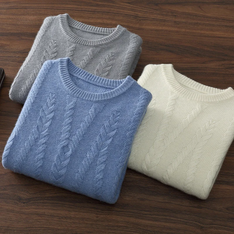 Men's 100%cashmere sweater with twisted flower pattern round neck autumn winter clothing business casual pullover bottom sweater